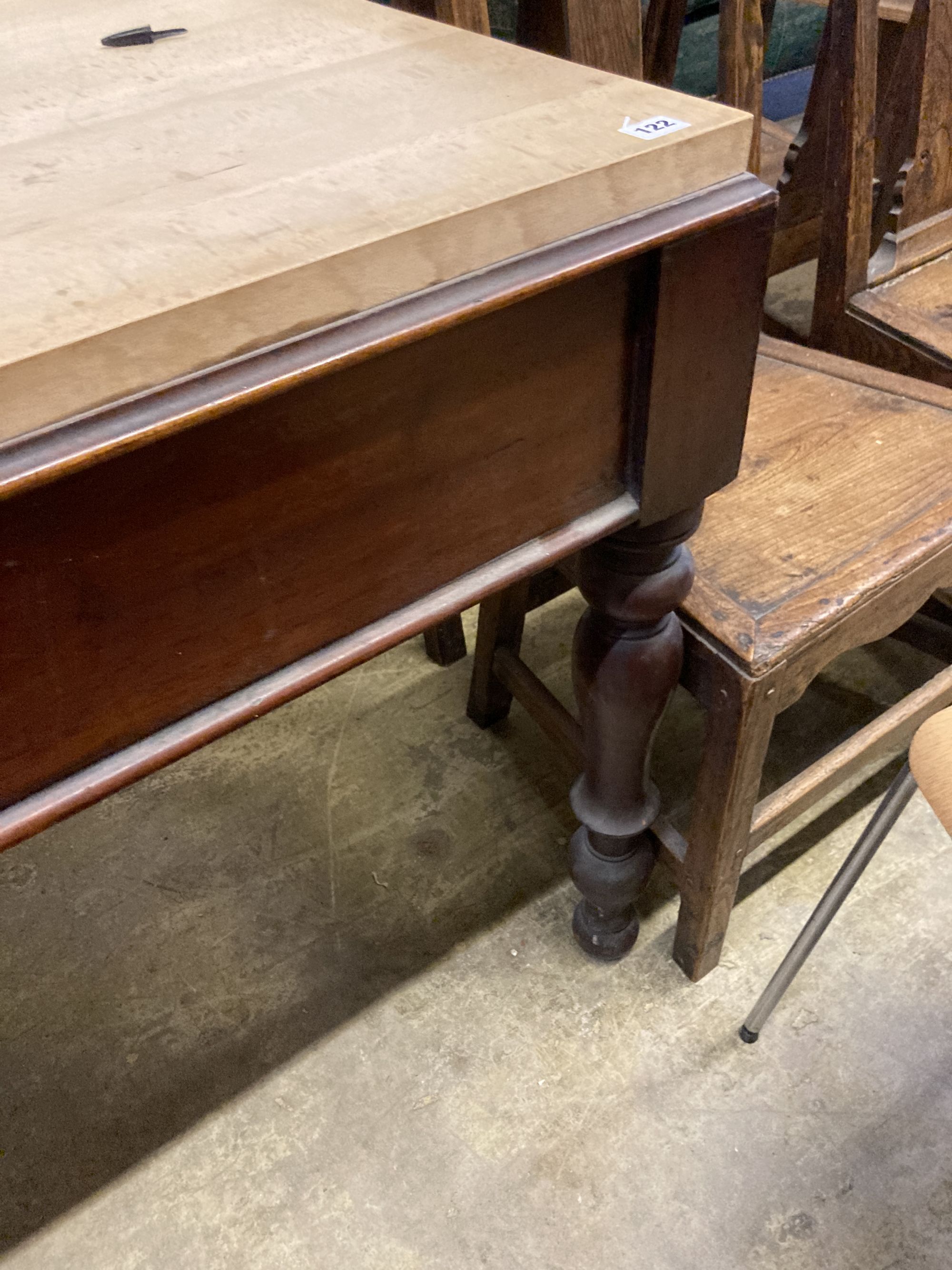 A Victorian mahogany rectangular kitchen table with associated beech top, length 150cm, depth 86cm, height 80cm